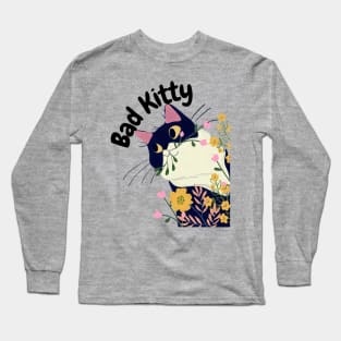 Bad Kitty In Flower Garden Long Sleeve T-Shirt